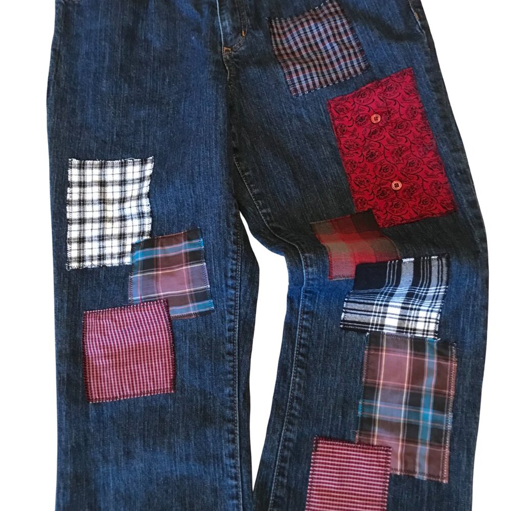 Plaid Flannel Patchwork Jeans, Upcycled Funky Pants Boho Hippie Grunge Size 8 - Picture 5 of 13